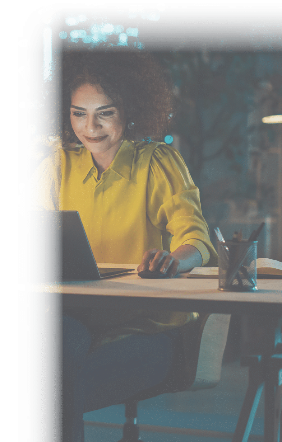 Expressive Multiethnic Middle Eastern Female Working on a Creative Job Position in an Advertising Company. Manager Brainstorming Ideas, Thinking on a Project. Office at Night.